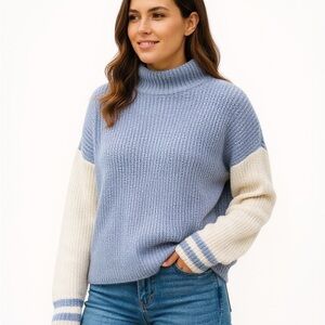 RD Style Colorblock Mock Neck Boucle Pale Blue Cream Sweater S Striped Sleeve